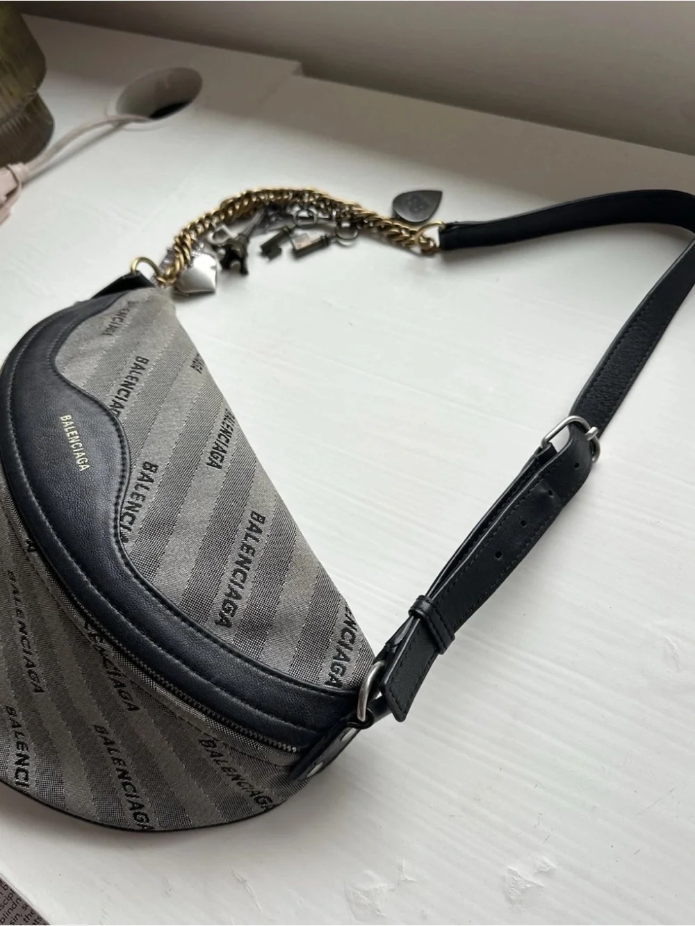 Balenciaga Grey Canvas & Black Leather Crossbody Bag